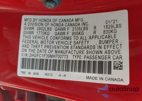 2021 Honda Civic Ex z USA, uszkodzony, nr VIN 2HGFC1F39MH700773